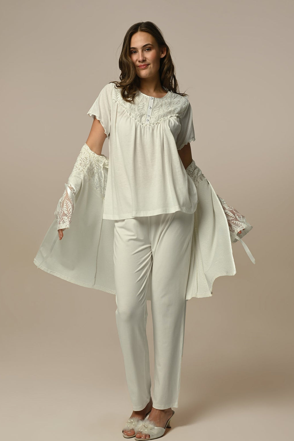 Leaf Lace 3-Piece Maternity Feeding-Friendly Pajama & Jacquard Robe Set - N23332