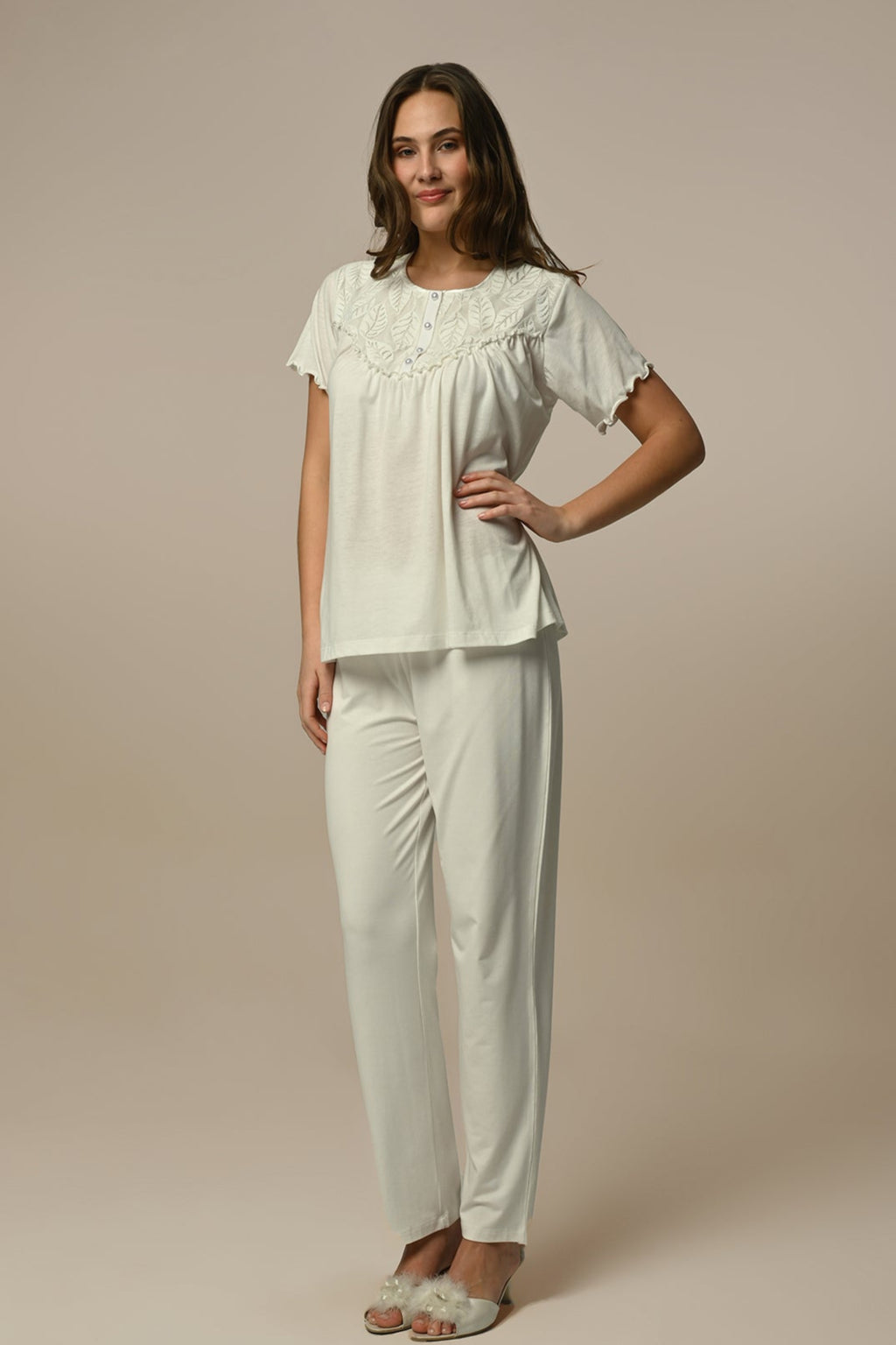 Leaf Lace 3-Piece Maternity Feeding-Friendly Pajama & Jacquard Robe Set - N23332