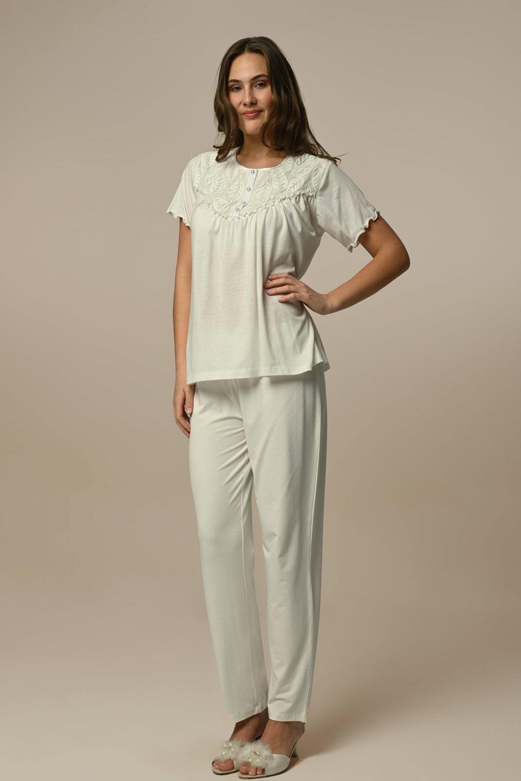 Leaf Lace 3-Piece Maternity Feeding-Friendly Pajama & Jacquard Robe Set - N23332