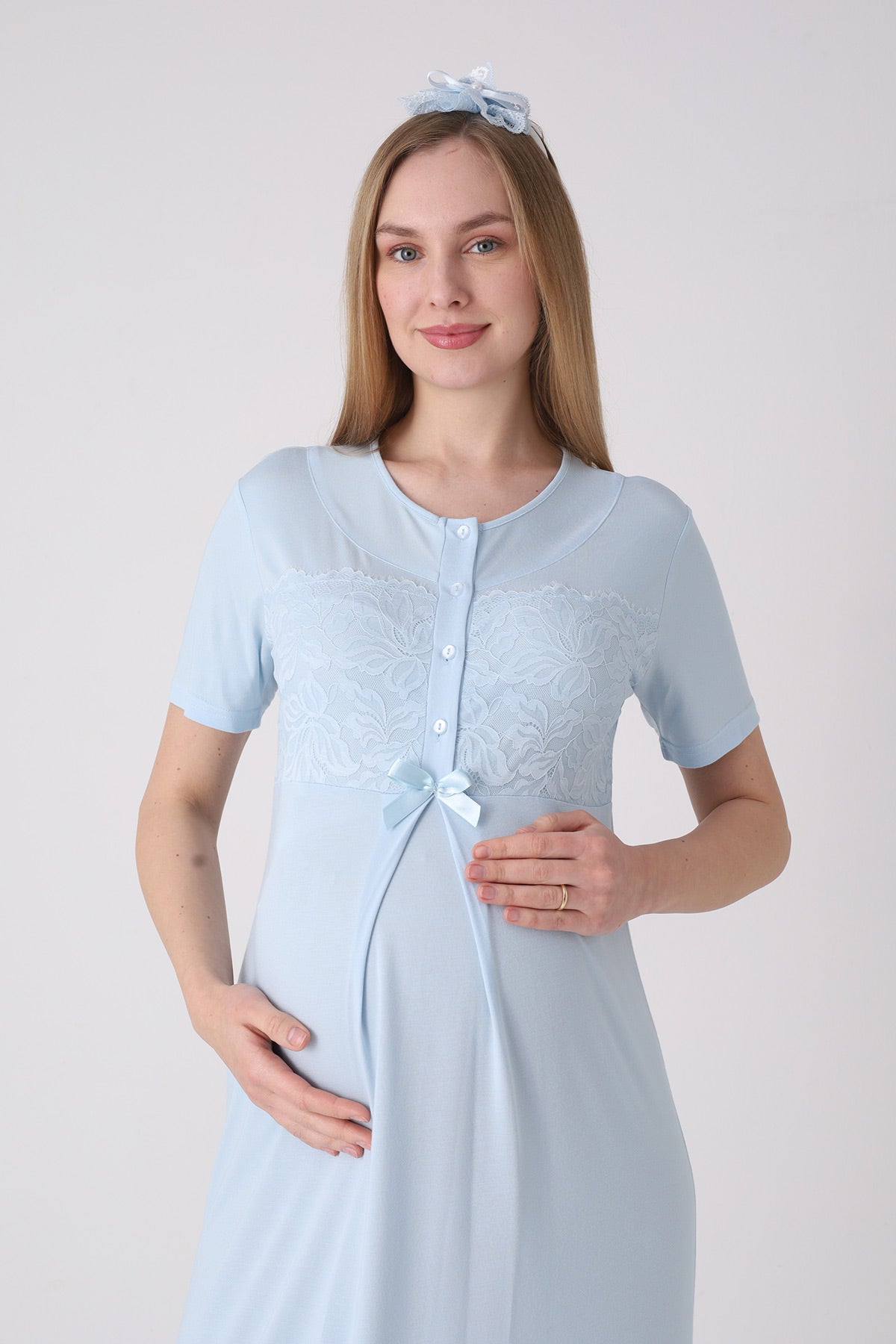 Classy Lace Collar Maternity Feeding-Friendly Nightgown & Jacquard Robe Set Blue - Z2333