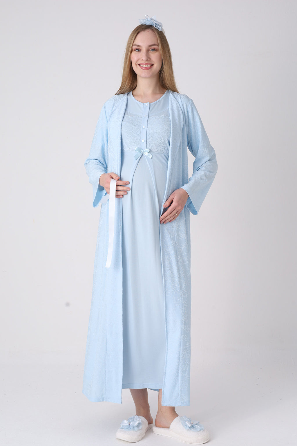 Classy Lace Collar Maternity Feeding-Friendly Nightgown & Jacquard Robe Set Blue - Z2333