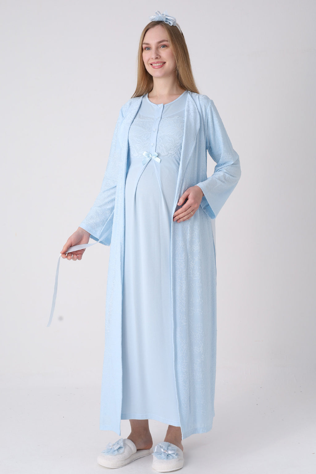 Classy Lace Collar Maternity Feeding-Friendly Nightgown & Jacquard Robe Set Blue - Z2333