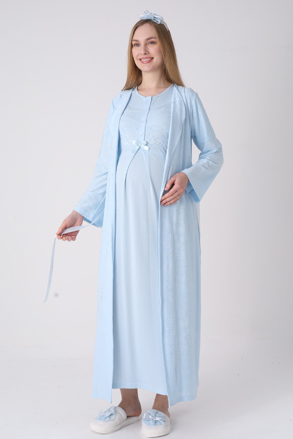 Classy Lace Collar Maternity Feeding-Friendly Nightgown & Jacquard Robe Set Blue - Z2333