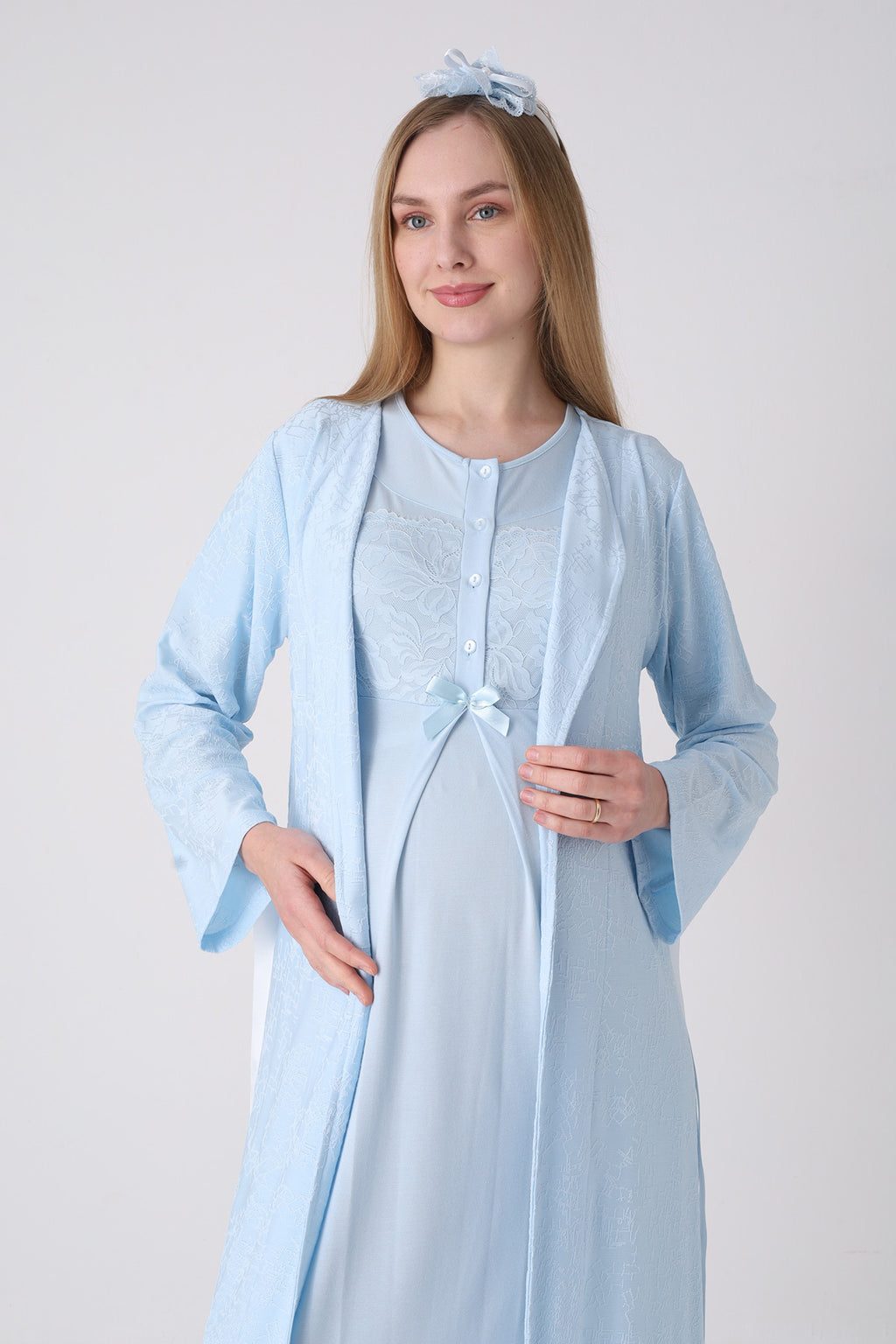 Classy Lace Collar Maternity Feeding-Friendly Nightgown & Jacquard Robe Set Blue - Z2333