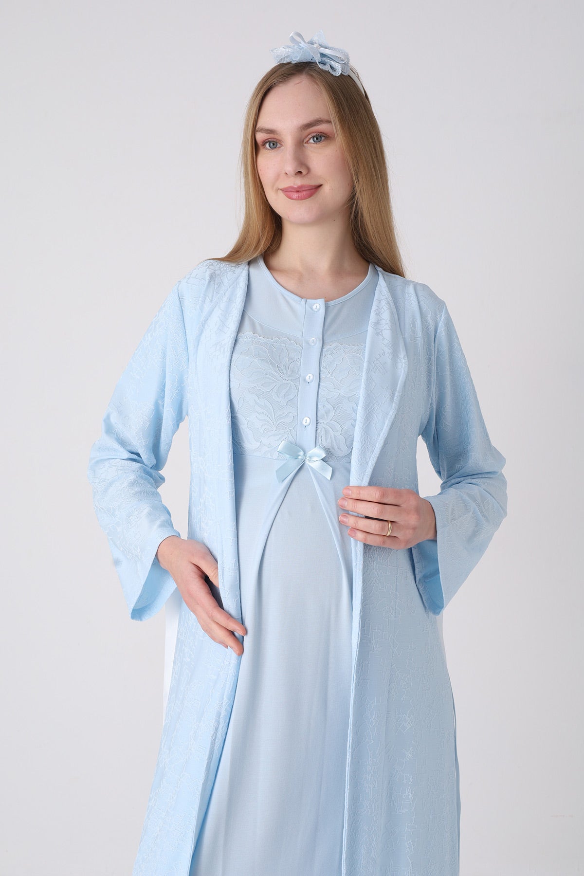 Classy Lace Collar Maternity Feeding-Friendly Nightgown & Jacquard Robe Set Blue - Z2333