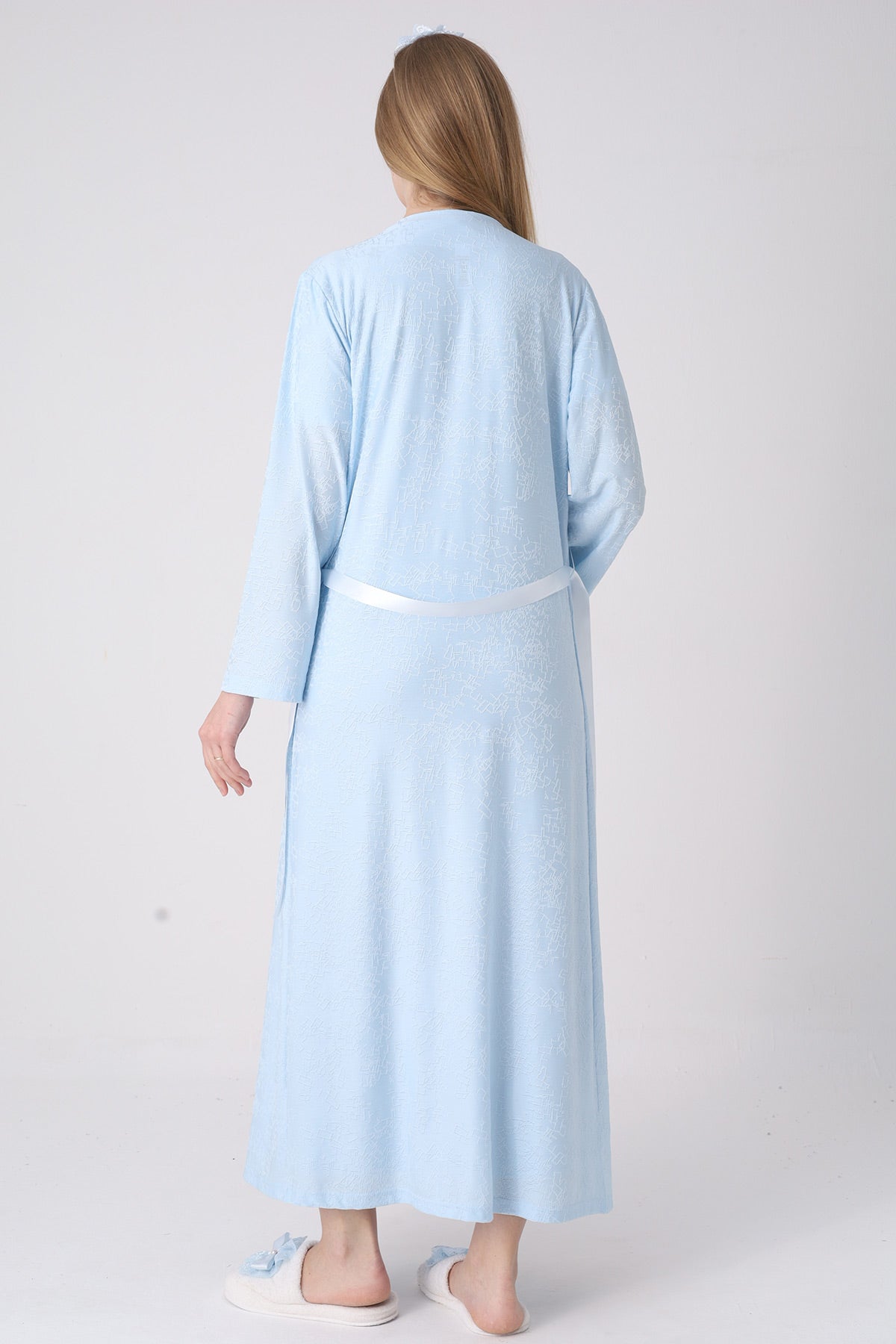Classy Lace Collar Maternity Feeding-Friendly Nightgown & Jacquard Robe Set Blue - Z2333