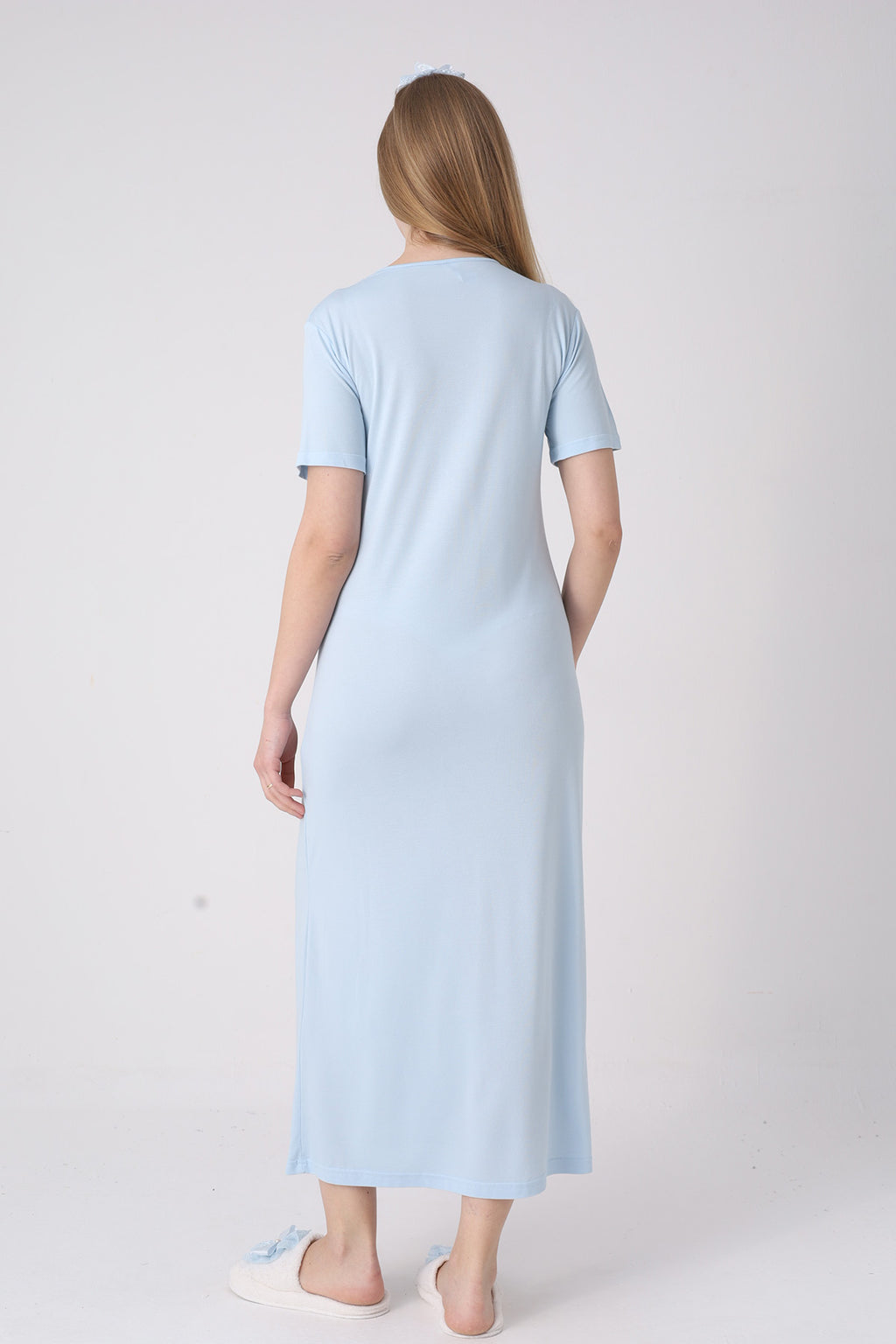 Classy Lace Collar Maternity Feeding-Friendly Nightgown & Jacquard Robe Set Blue - Z2333