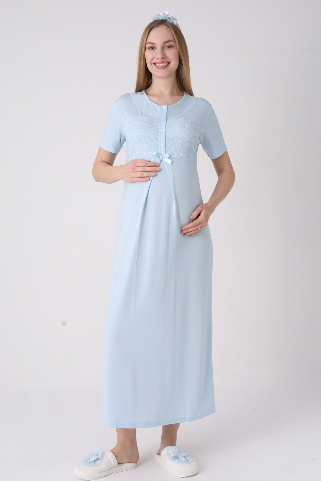 Classy Lace Collar Maternity Feeding-Friendly Nightgown & Jacquard Robe Set Blue - Z2333