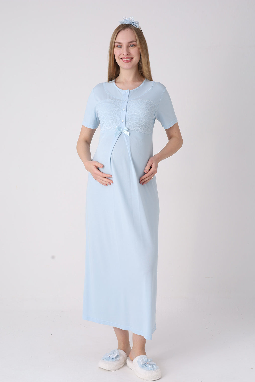 Classy Lace Collar Maternity Feeding-Friendly Nightgown & Jacquard Robe Set Blue - Z2333