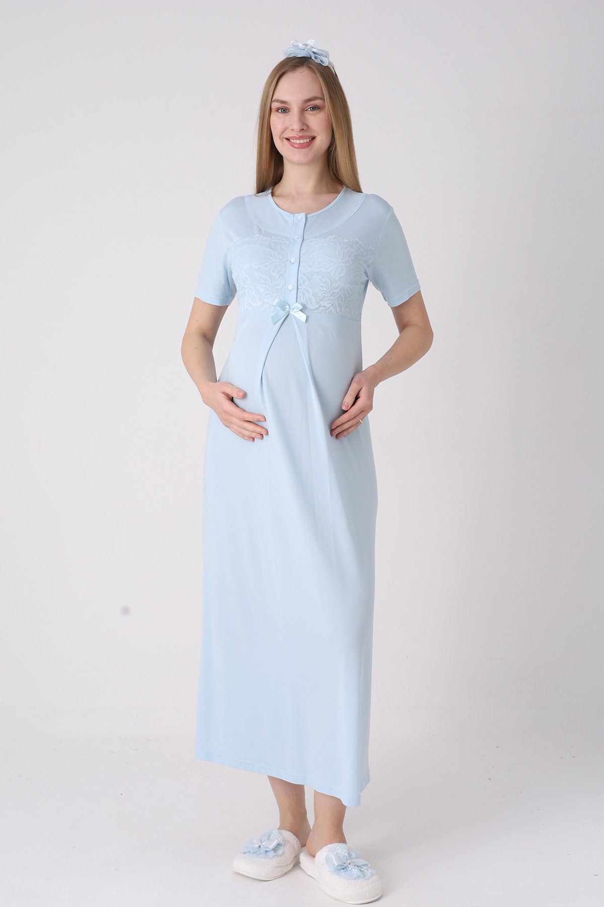 Classy Lace Collar Maternity Feeding-Friendly Nightgown & Jacquard Robe Set Blue - Z2333