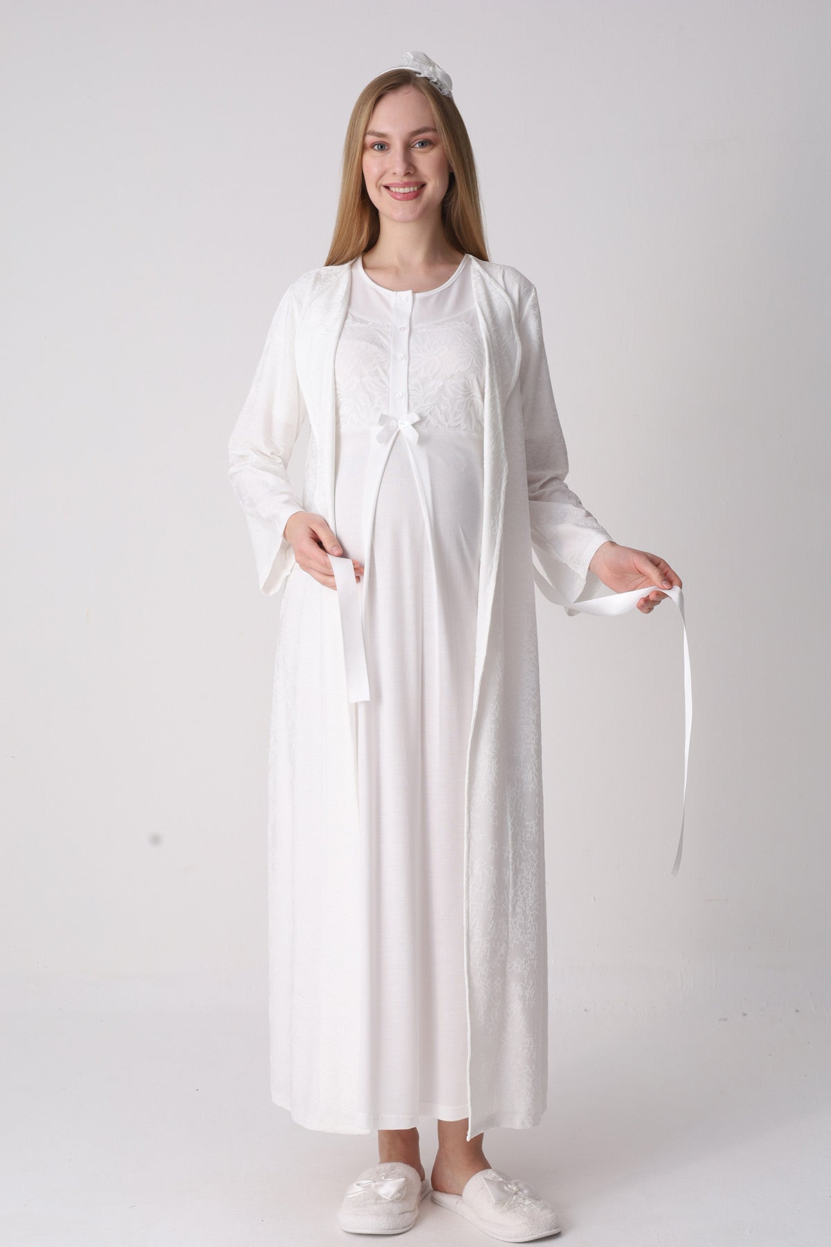 Classy Lace Collar Maternity Feeding-Friendly Nightgown & Jacquard Robe Set Ecru - Z2333