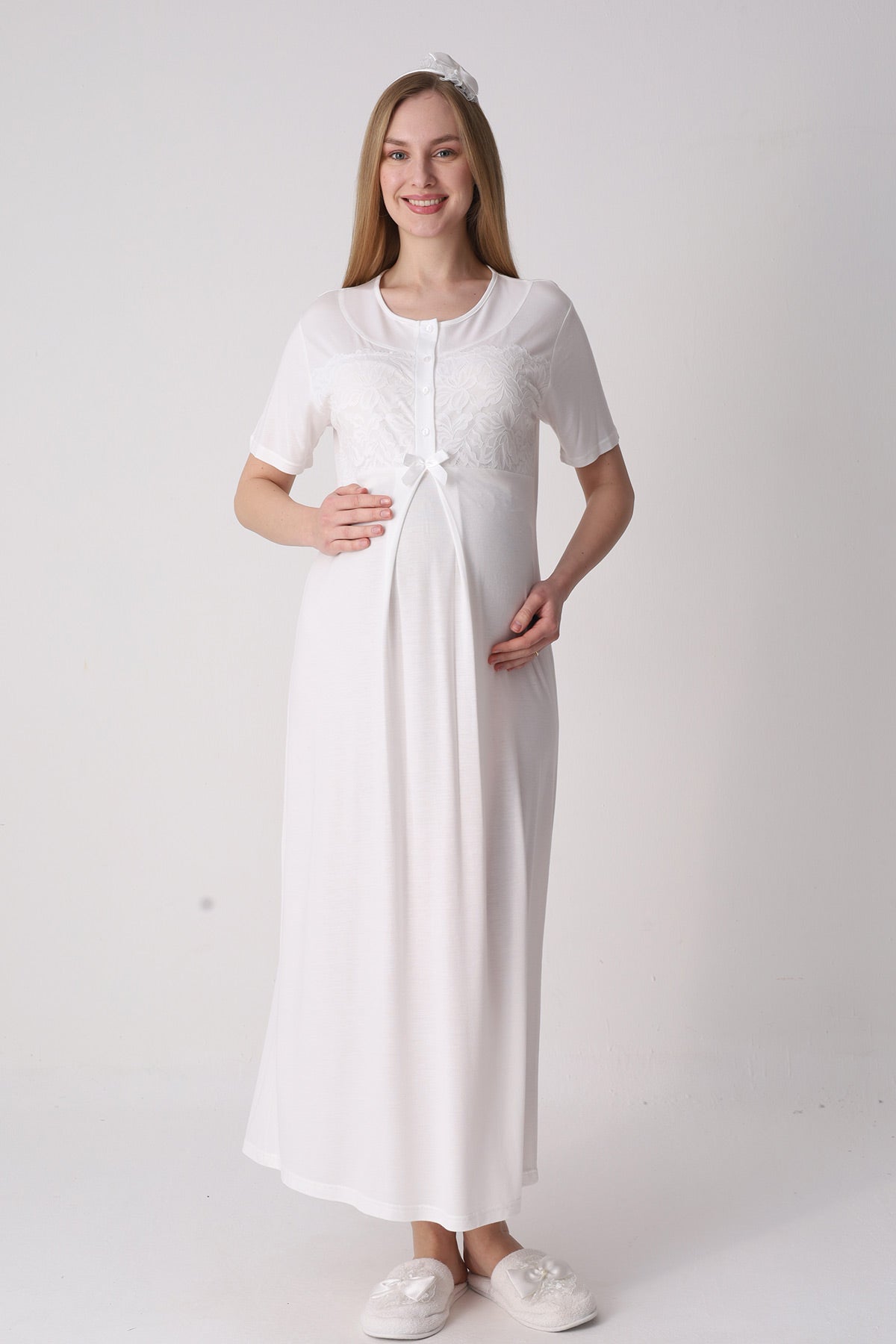 Classy Lace Collar Maternity Feeding-Friendly Nightgown & Jacquard Robe Set Ecru - Z2333