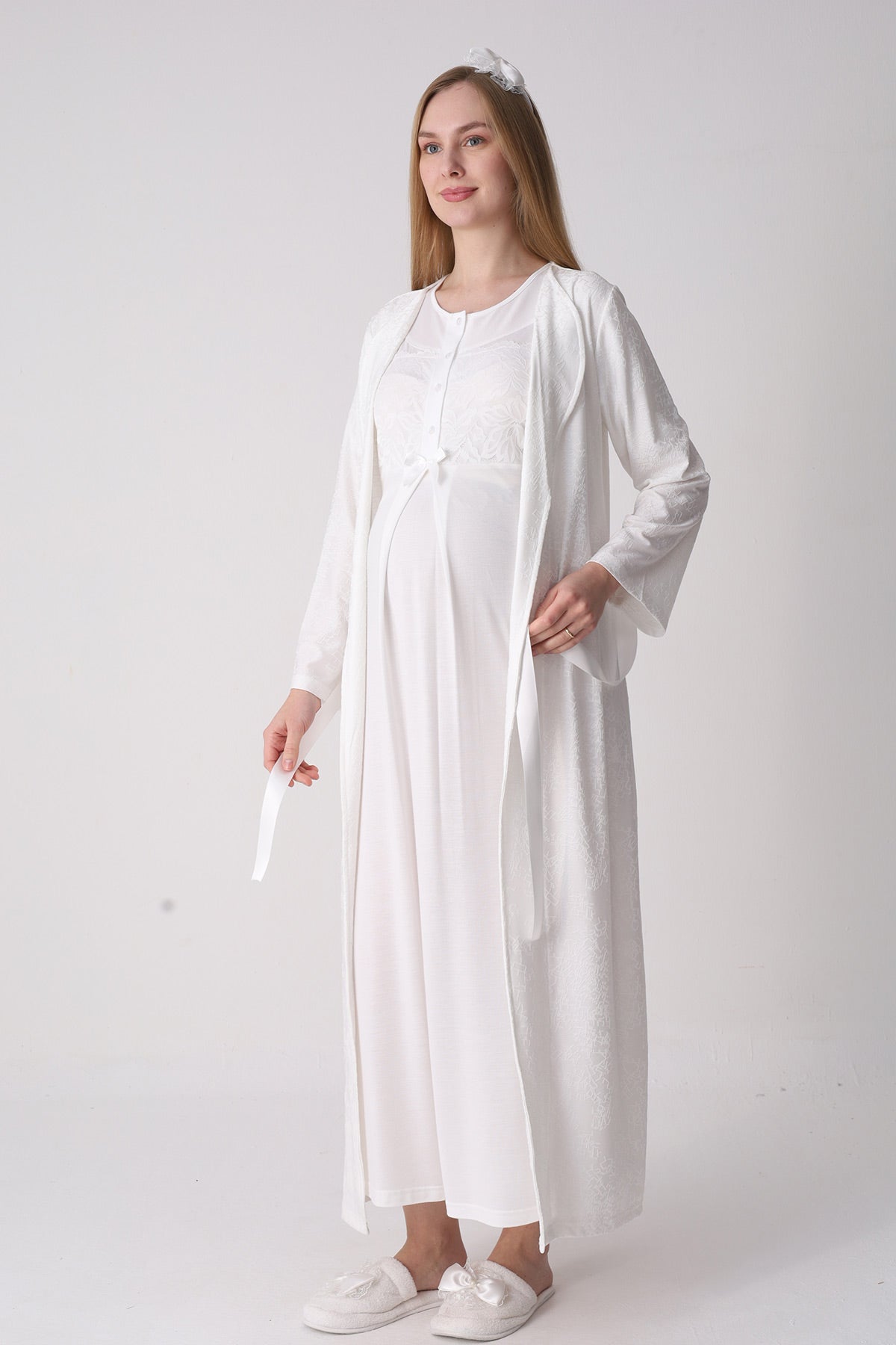 Classy Lace Collar Maternity Feeding-Friendly Nightgown & Jacquard Robe Set Ecru - Z2333