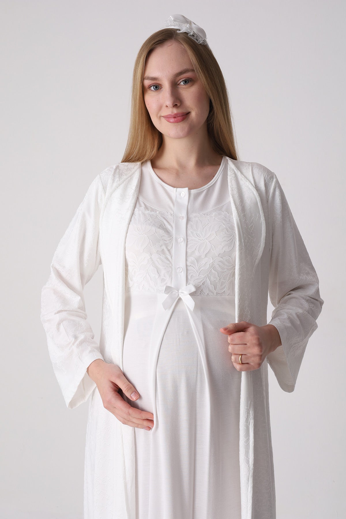 Classy Lace Collar Maternity Feeding-Friendly Nightgown & Jacquard Robe Set Ecru - Z2333