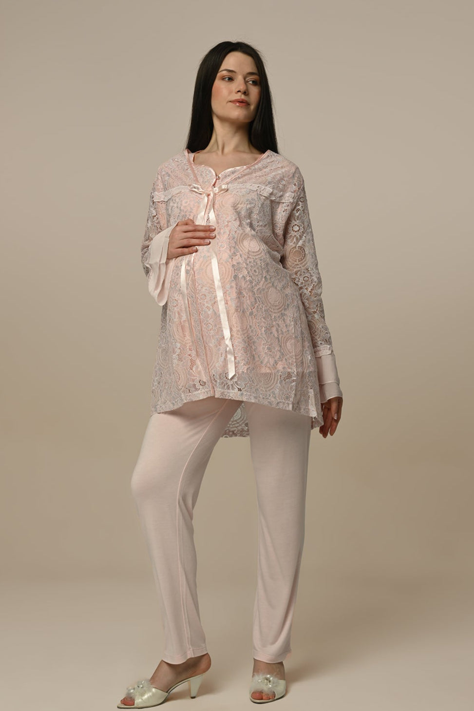 Lace Collar 3-Piece Maternity Feeding-Friendly Pajama & Lacy Robe Set - N23341