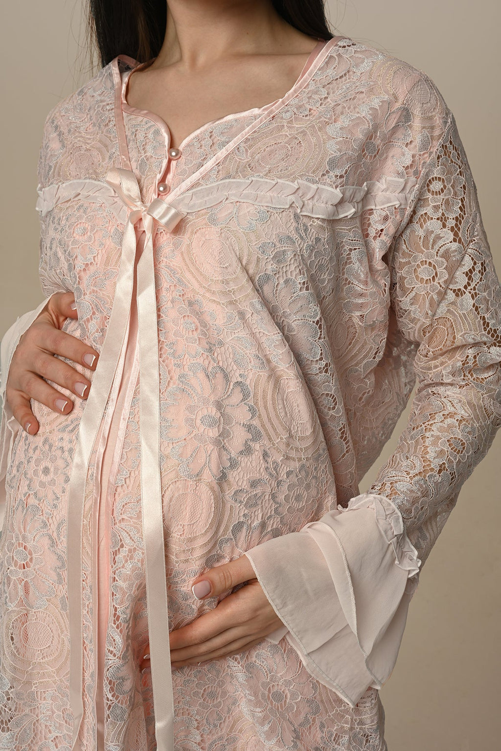 Lace Collar 3-Piece Maternity Feeding-Friendly Pajama & Lacy Robe Set - N23341