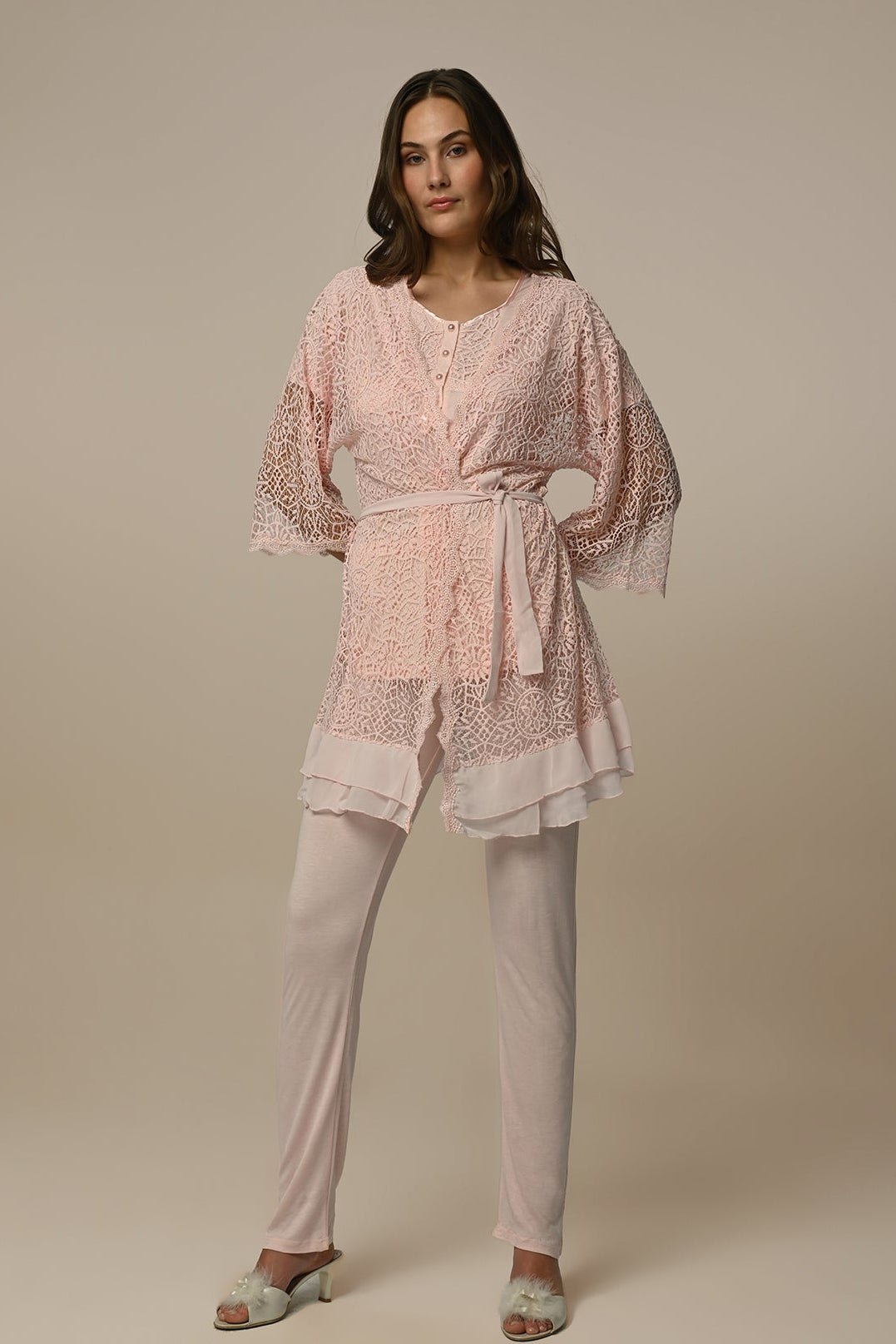 Wide Collar 3-Piece Maternity Feeding-Friendly Pajama & Lace Robe Set - N23346