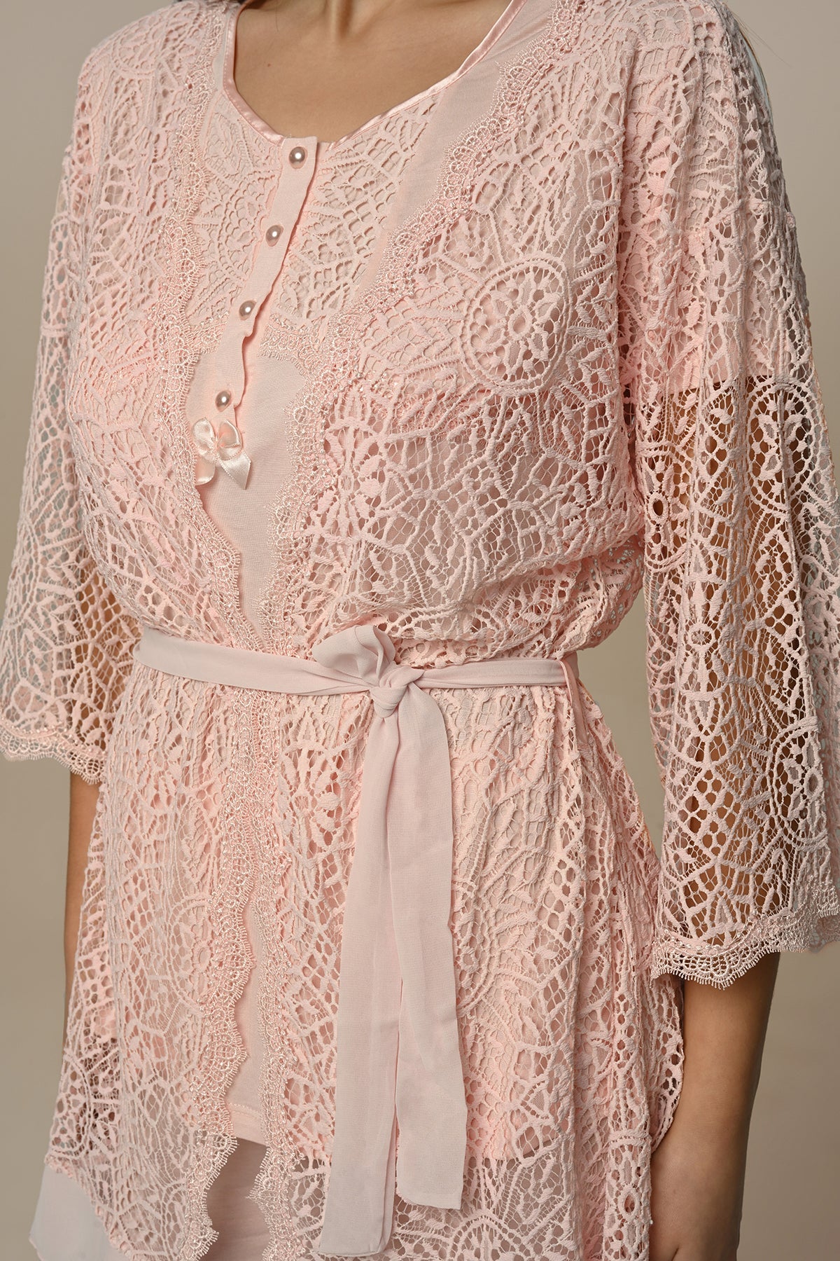 Wide Collar 3-Piece Maternity Feeding-Friendly Pajama & Lace Robe Set - N23346