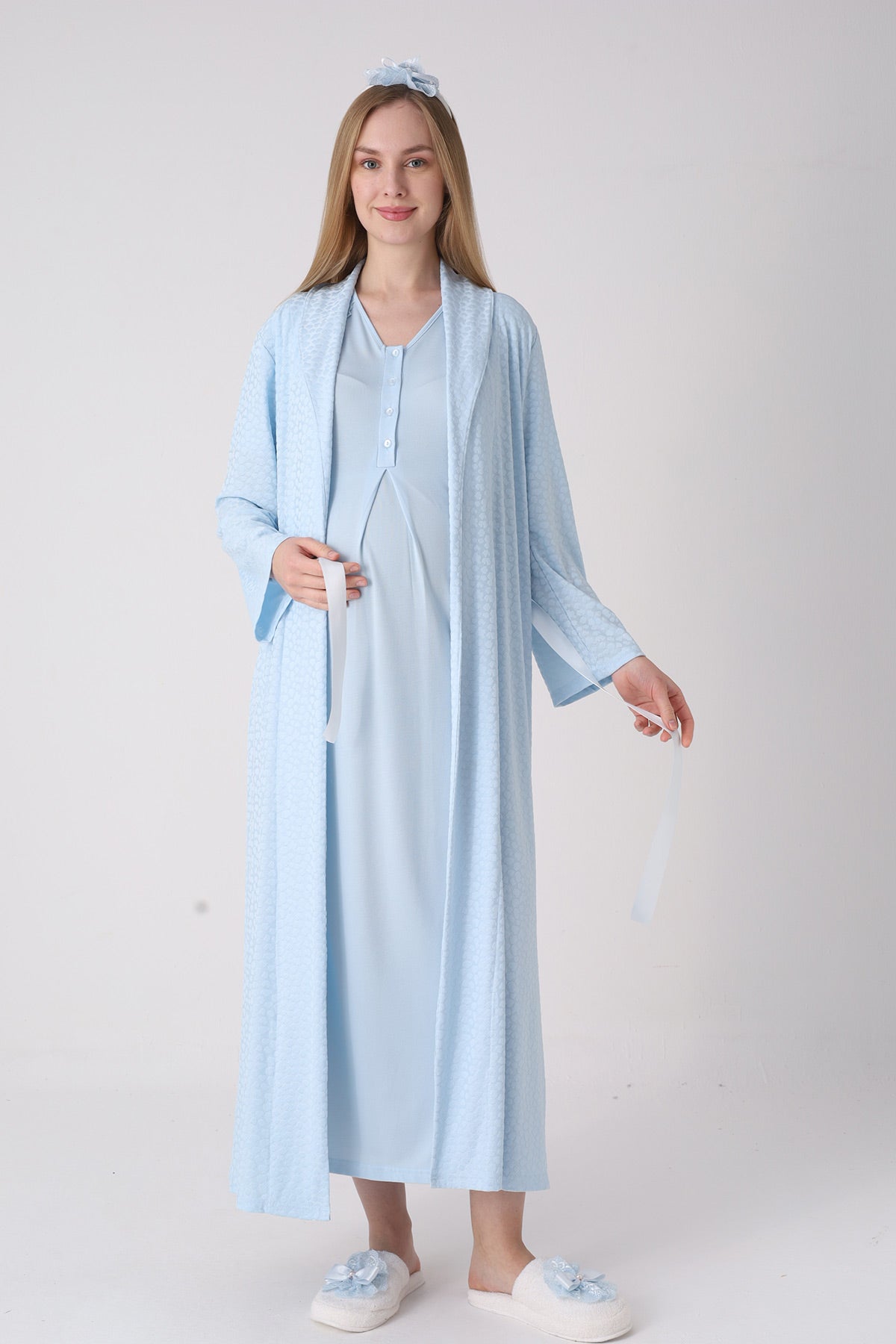 Elegant Lace Detailed Maternity Feeding-Friendly Nightgown & Jacquard Robe Set Blue - Z2334