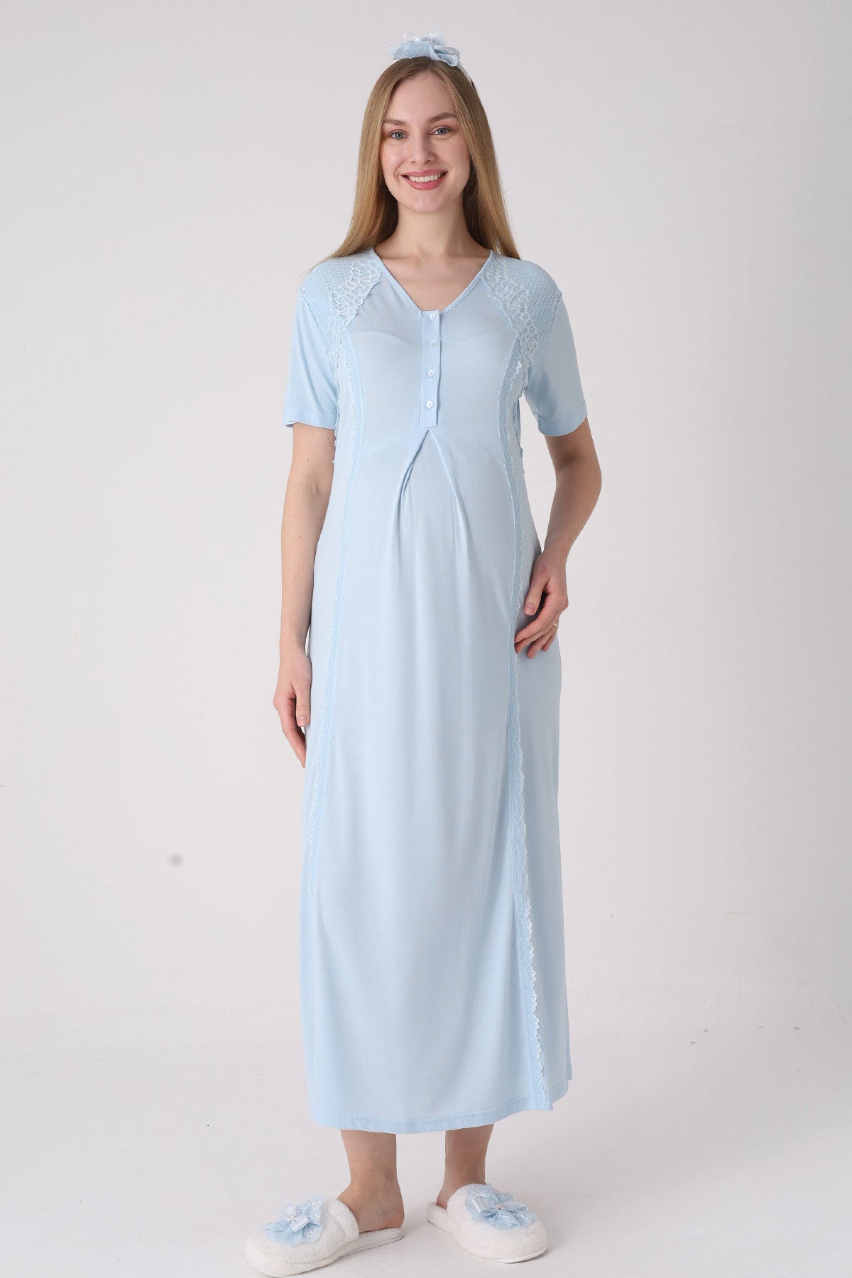 Elegant Lace Detailed Maternity Feeding-Friendly Nightgown & Jacquard Robe Set Blue - Z2334