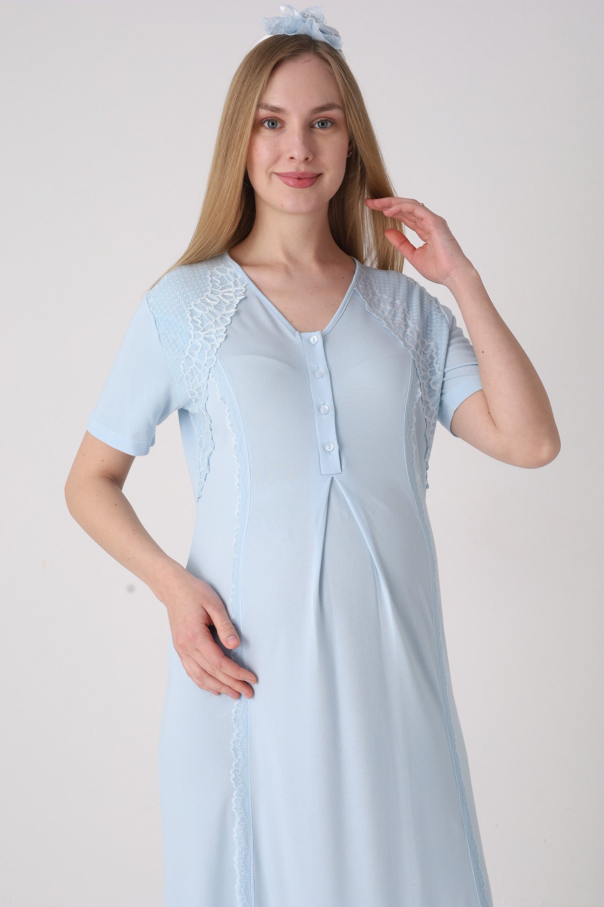 Elegant Lace Detailed Maternity Feeding-Friendly Nightgown & Jacquard Robe Set Blue - Z2334