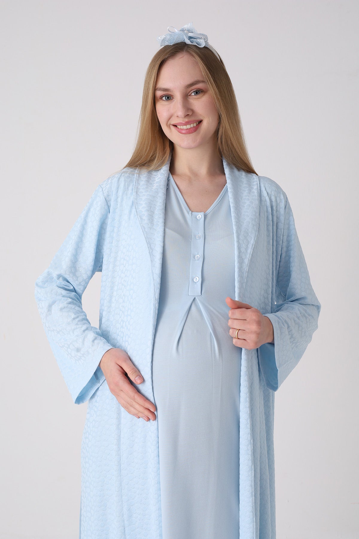 Elegant Lace Detailed Maternity Feeding-Friendly Nightgown & Jacquard Robe Set Blue - Z2334