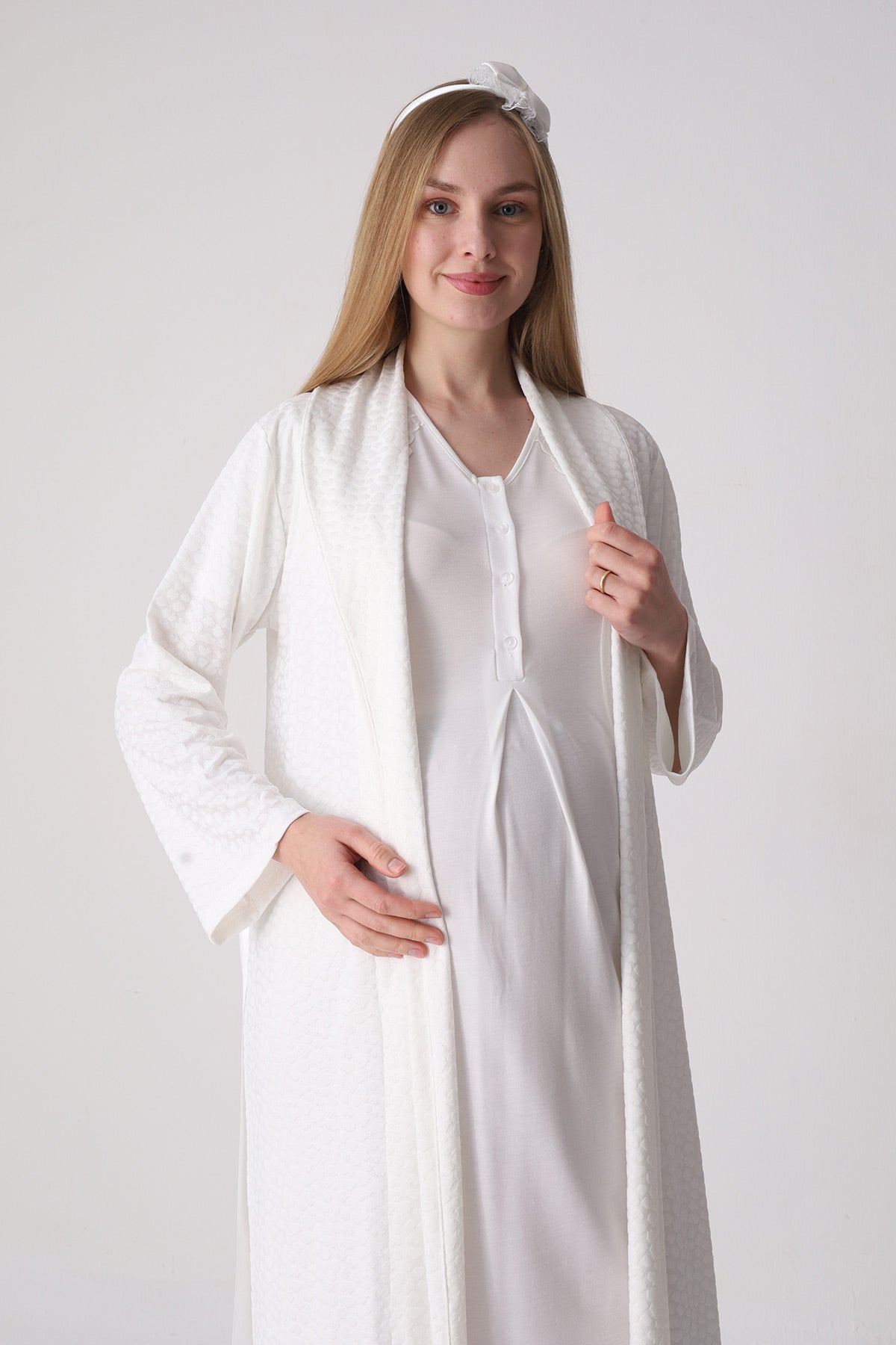 Elegant Lace Detailed Maternity Feeding-Friendly Nightgown & Jacquard Robe Set Ecru - Z2334