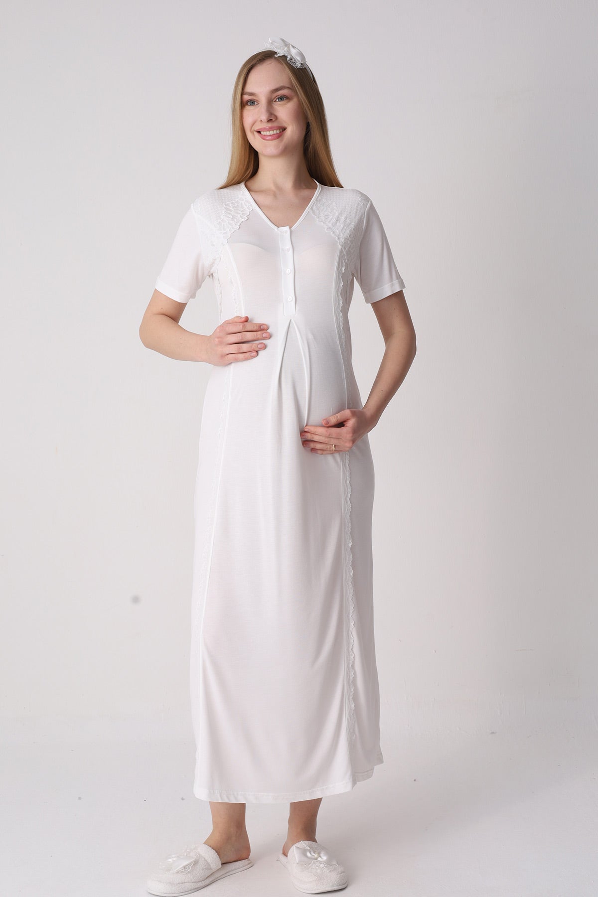 Elegant Lace Detailed Maternity Feeding-Friendly Nightgown & Jacquard Robe Set Ecru - Z2334
