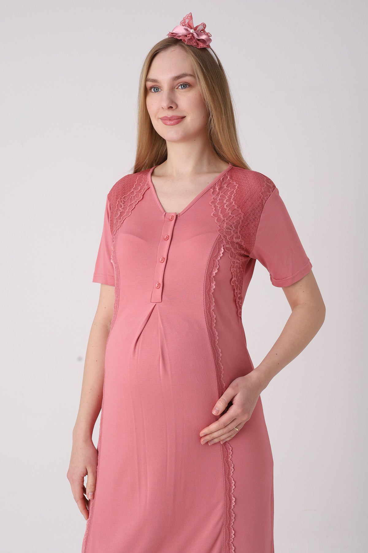 Elegant Lace Detailed Maternity Feeding-Friendly Nightgown & Jacquard Robe Set Pomegranate Red - Z2334