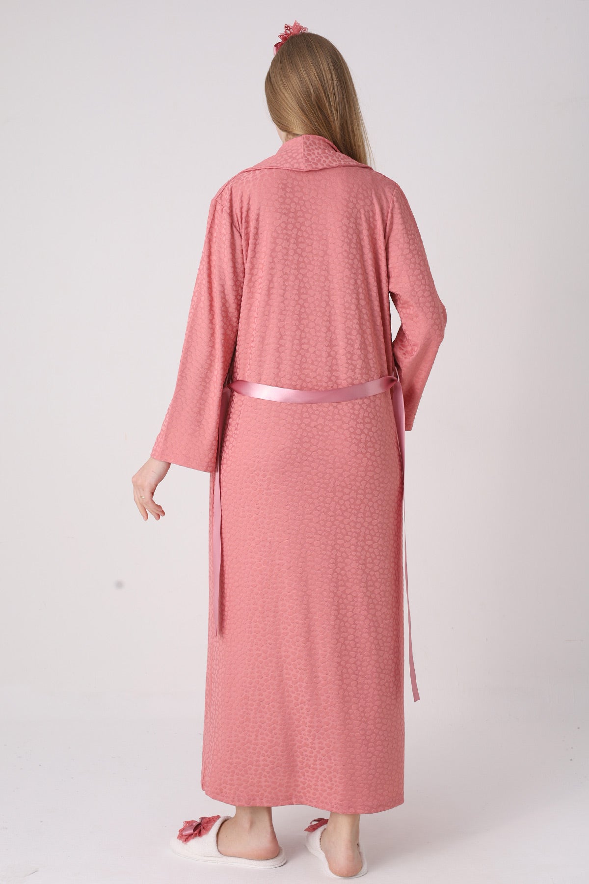 Elegant Lace Detailed Maternity Feeding-Friendly Nightgown & Jacquard Robe Set Pomegranate Red - Z2334