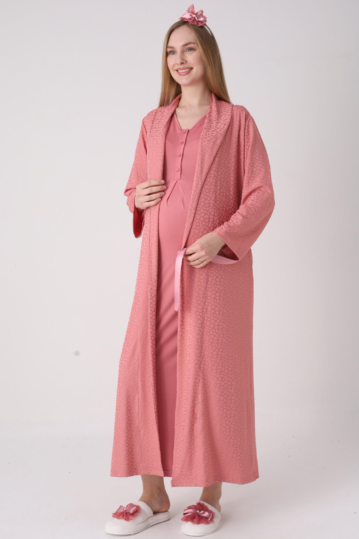 Elegant Lace Detailed Maternity Feeding-Friendly Nightgown & Jacquard Robe Set Pomegranate Red - Z2334