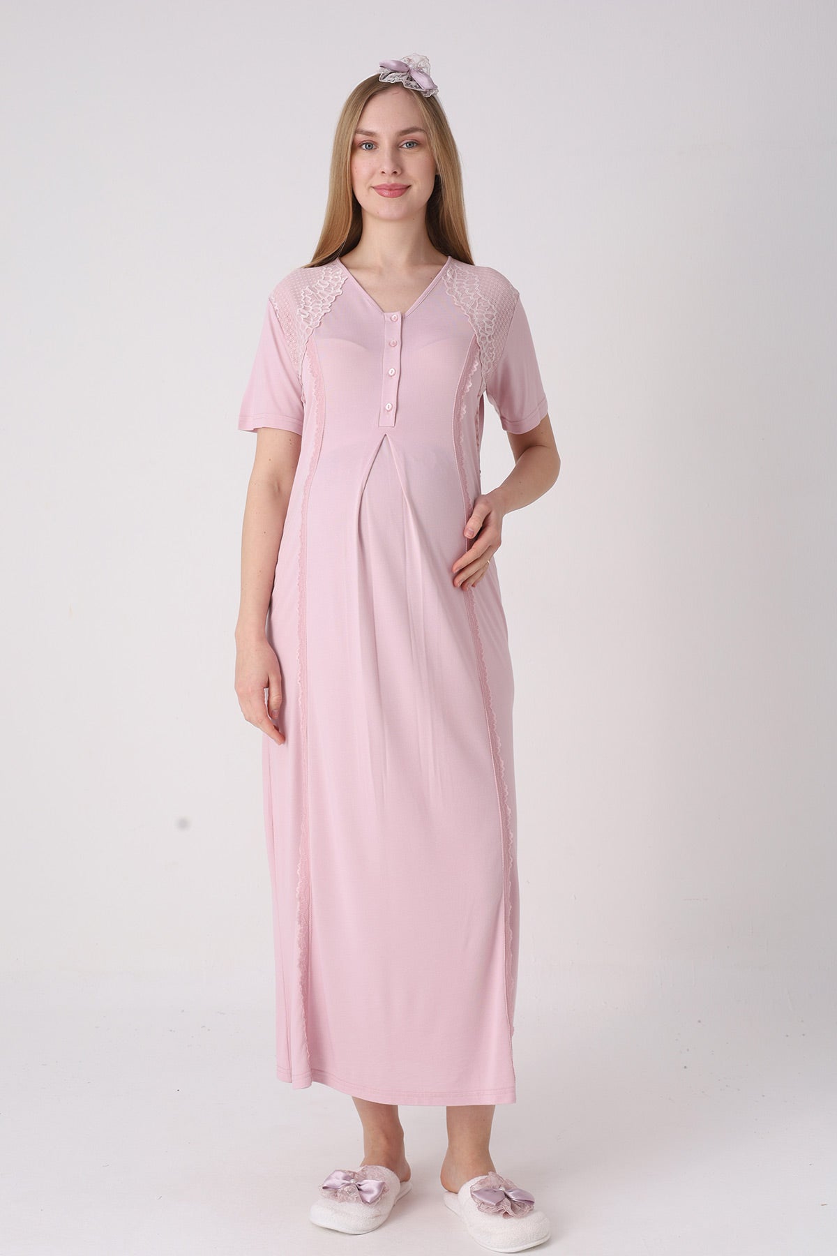 Elegant Lace Detailed Maternity Feeding-Friendly Nightgown & Jacquard Robe Set Powder - Z2334