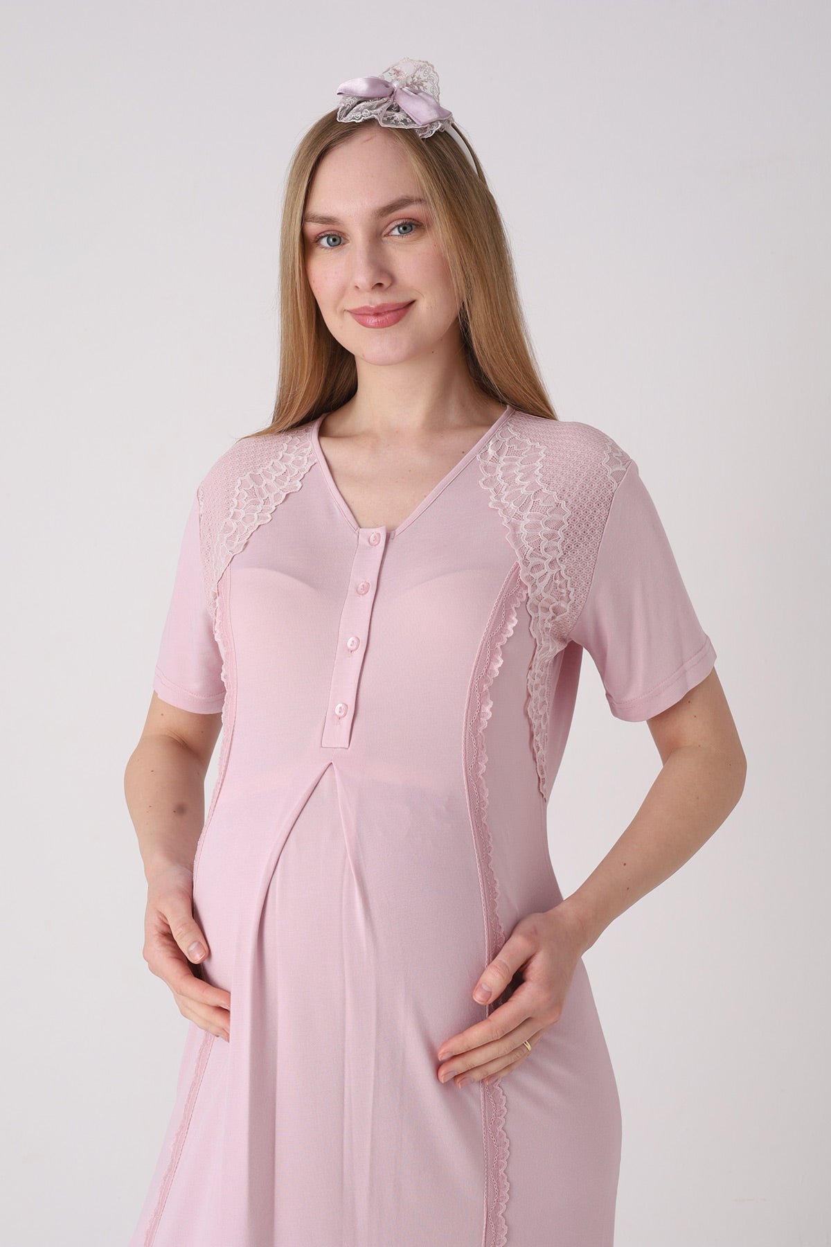Elegant Lace Detailed Maternity Feeding-Friendly Nightgown & Jacquard Robe Set Powder - Z2334