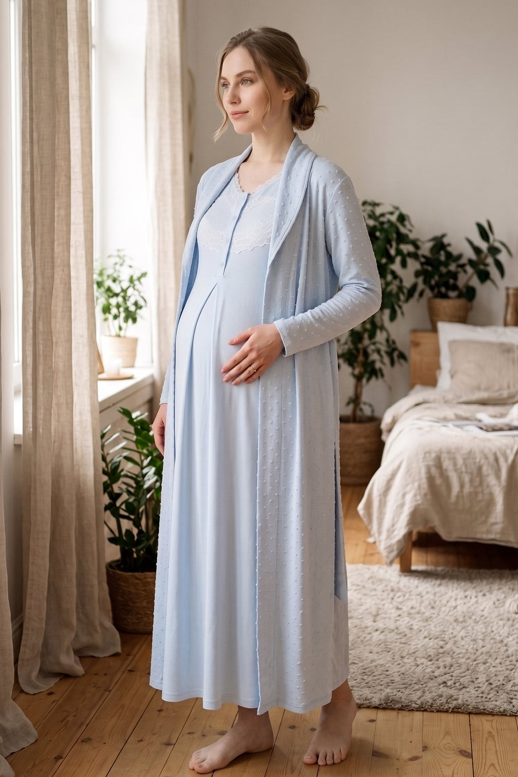 طقم ثوب نوم للأمهات مكون من قطعتين بياقة دانتيل وروب جاكار أزرق - Z2335