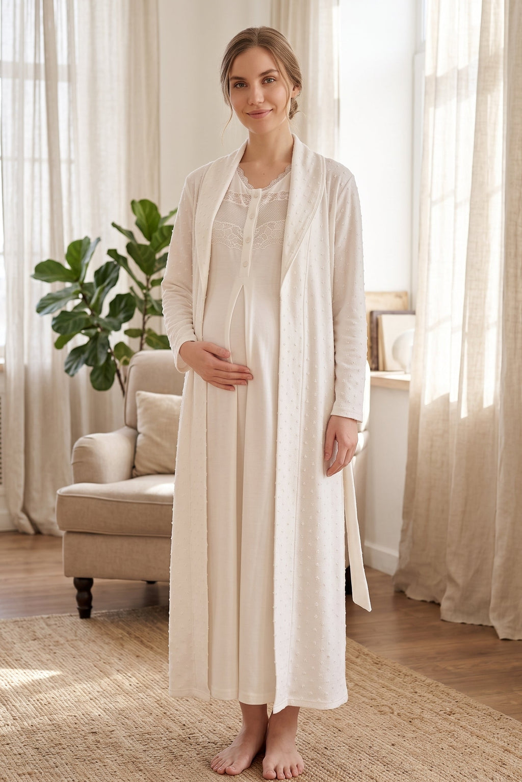 Lace Collar 2-Piece Maternity Feeding-Friendly Nightgown & Jacquard Robe Set Ecru - Z2335