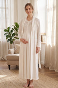 Lace Collar 2-Piece Maternity Feeding-Friendly Nightgown & Jacquard Robe Set Ecru - Z2335