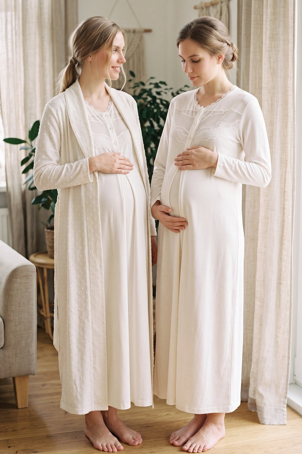 Lace Collar 2-Piece Maternity Feeding-Friendly Nightgown & Jacquard Robe Set Ecru - Z2335