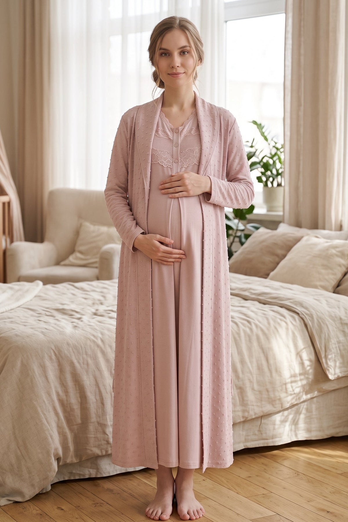 Lace Collar 2-Piece Maternity Feeding-Friendly Nightgown & Jacquard Robe Set Powder - Z2335