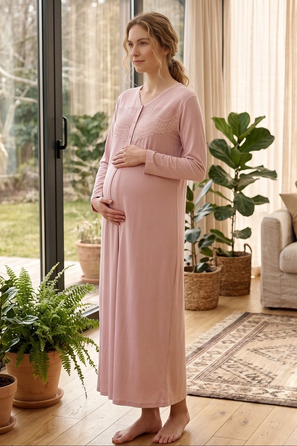 Lace Collar 2-Piece Maternity Feeding-Friendly Nightgown & Jacquard Robe Set Powder - Z2335