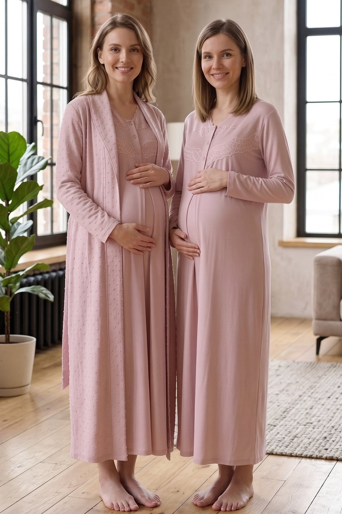 Lace Collar 2-Piece Maternity Feeding-Friendly Nightgown & Jacquard Robe Set Powder - Z2335