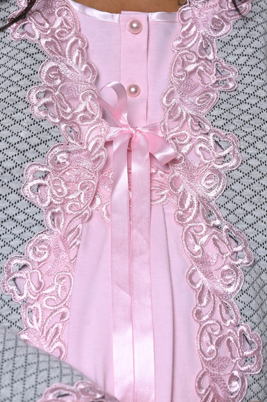Flower Lace Detailed 3-Piece Maternity Feeding-Friendly Pajama & Robe Set - N23386