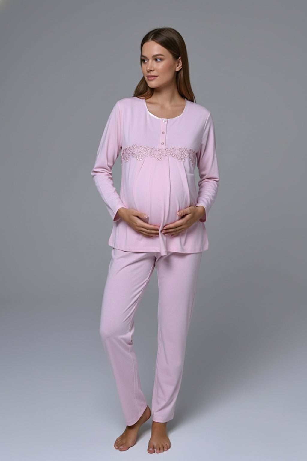 Flower Lace Detailed 3-Piece Maternity Feeding-Friendly Pajama & Robe Set - N23386