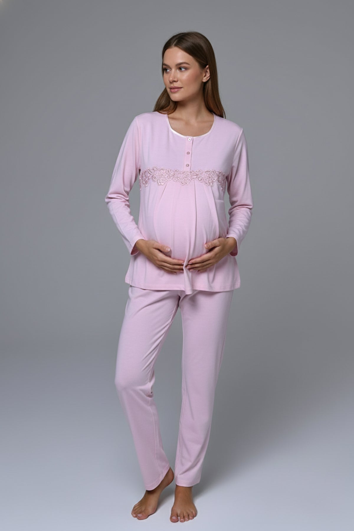 Flower Lace Detailed 3-Piece Maternity Feeding-Friendly Pajama & Robe Set - N23386