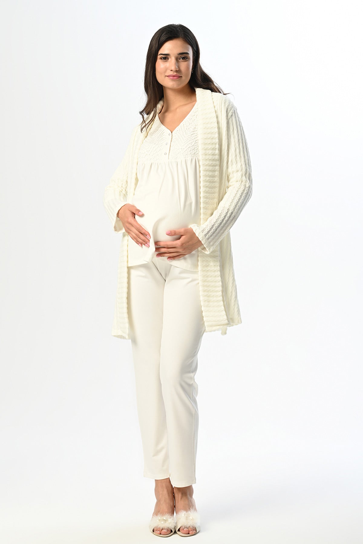 Guipure Collar 3-Piece Maternity Feeding-Friendly Pajama & Knitwear Robe Set - N23387