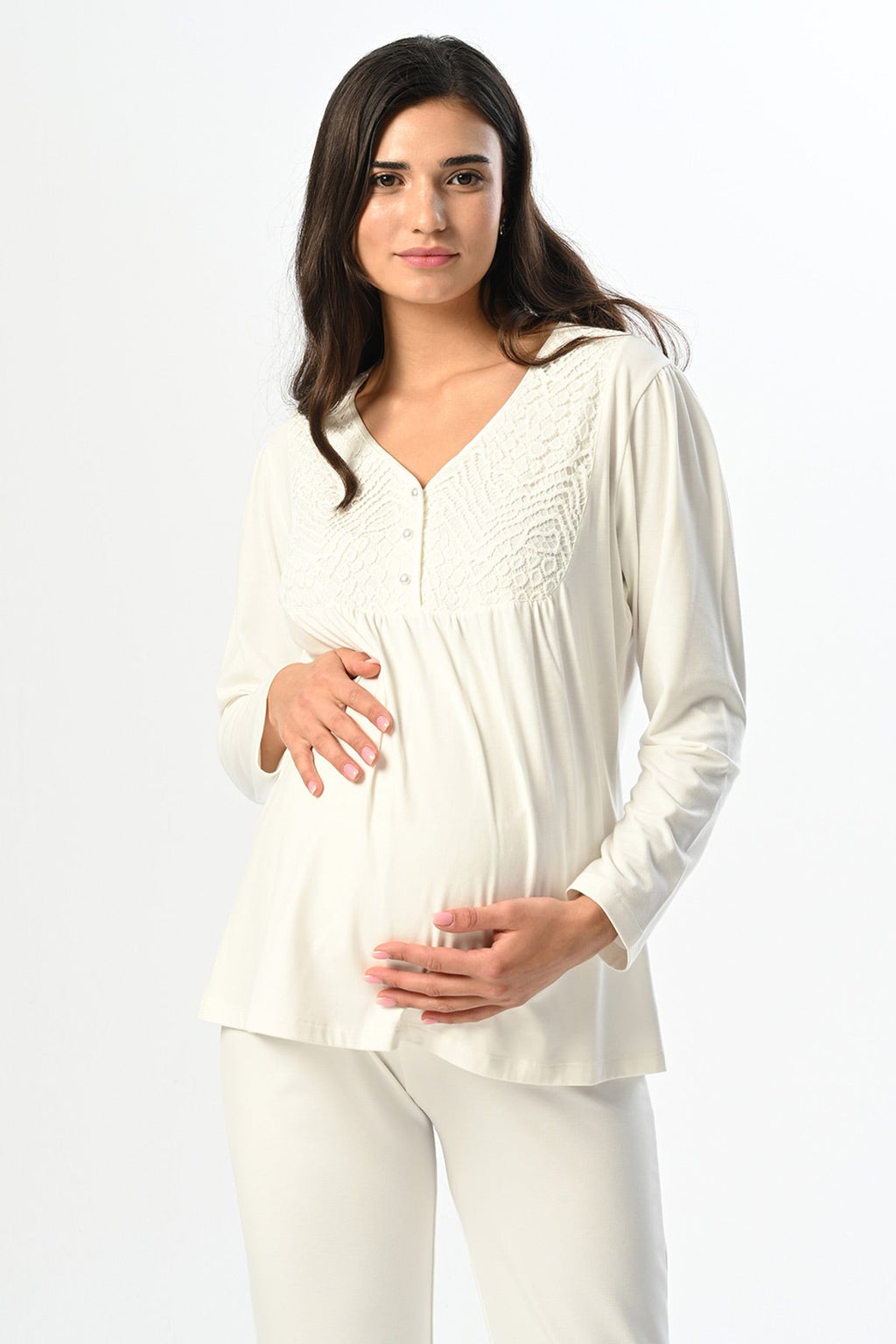 Guipure Collar 3-Piece Maternity Feeding-Friendly Pajama & Knitwear Robe Set - N23387