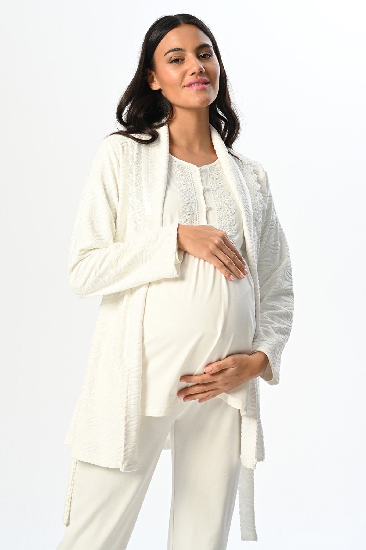 Guipure Collar 3-Piece Maternity Feeding-Friendly Pajama & Jacquard Robe Set - N23388