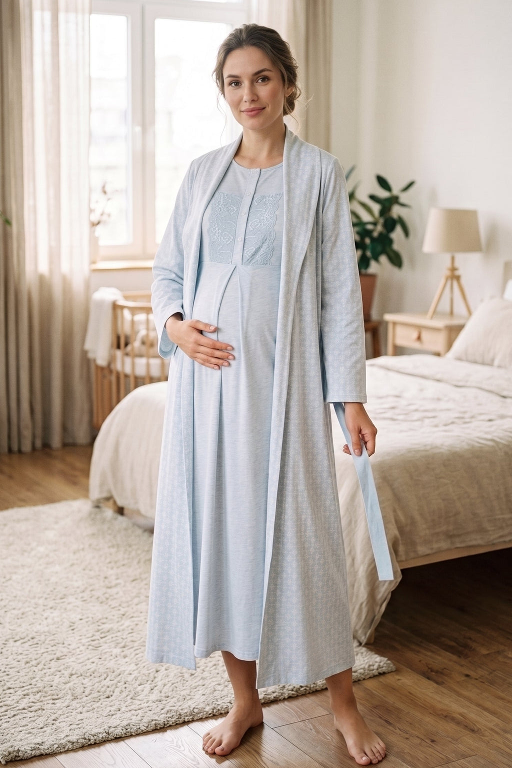 Lace Collar 2-Piece Maternity Feeding-Friendly Nightgown & Patterned Robe Set Blue - Z2338