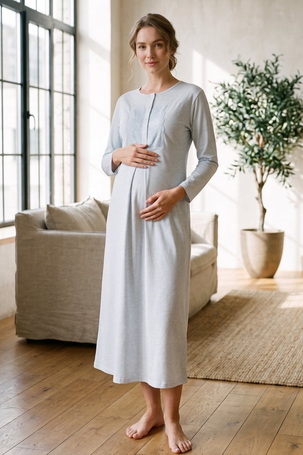 Lace Collar 2-Piece Maternity Feeding-Friendly Nightgown & Patterned Robe Set Blue - Z2338