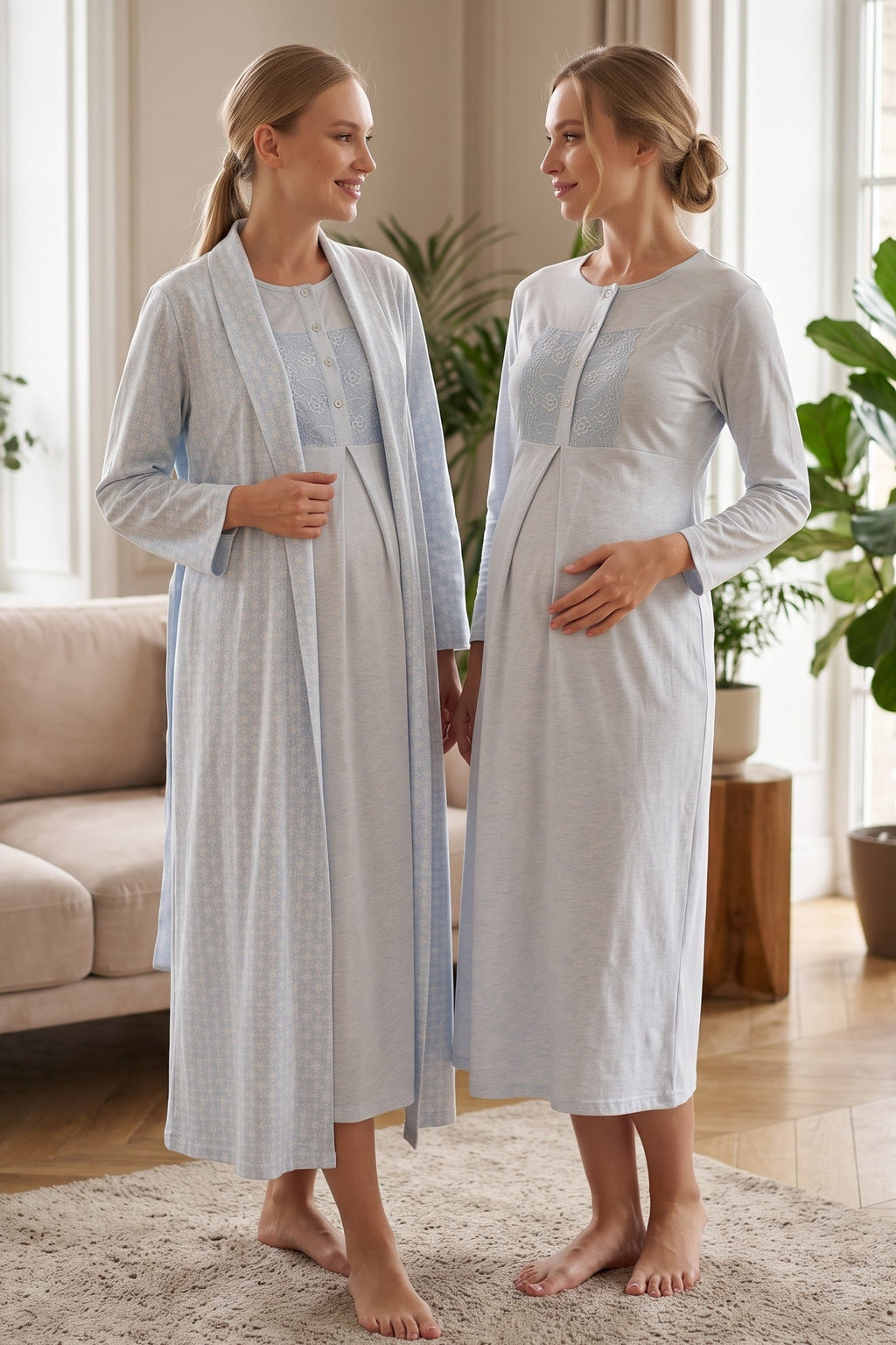 Lace Collar 2-Piece Maternity Feeding-Friendly Nightgown & Patterned Robe Set Blue - Z2338