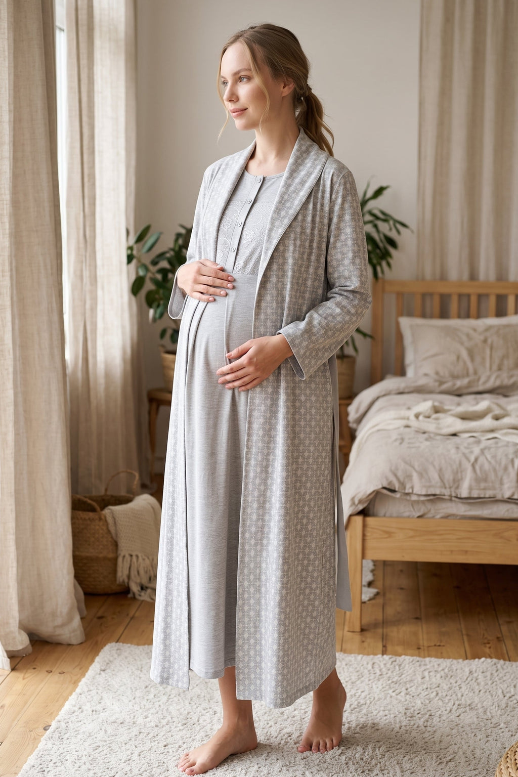 Lace Collar 2-Piece Maternity Feeding-Friendly Nightgown & Patterned Robe Set Grey - Z2338